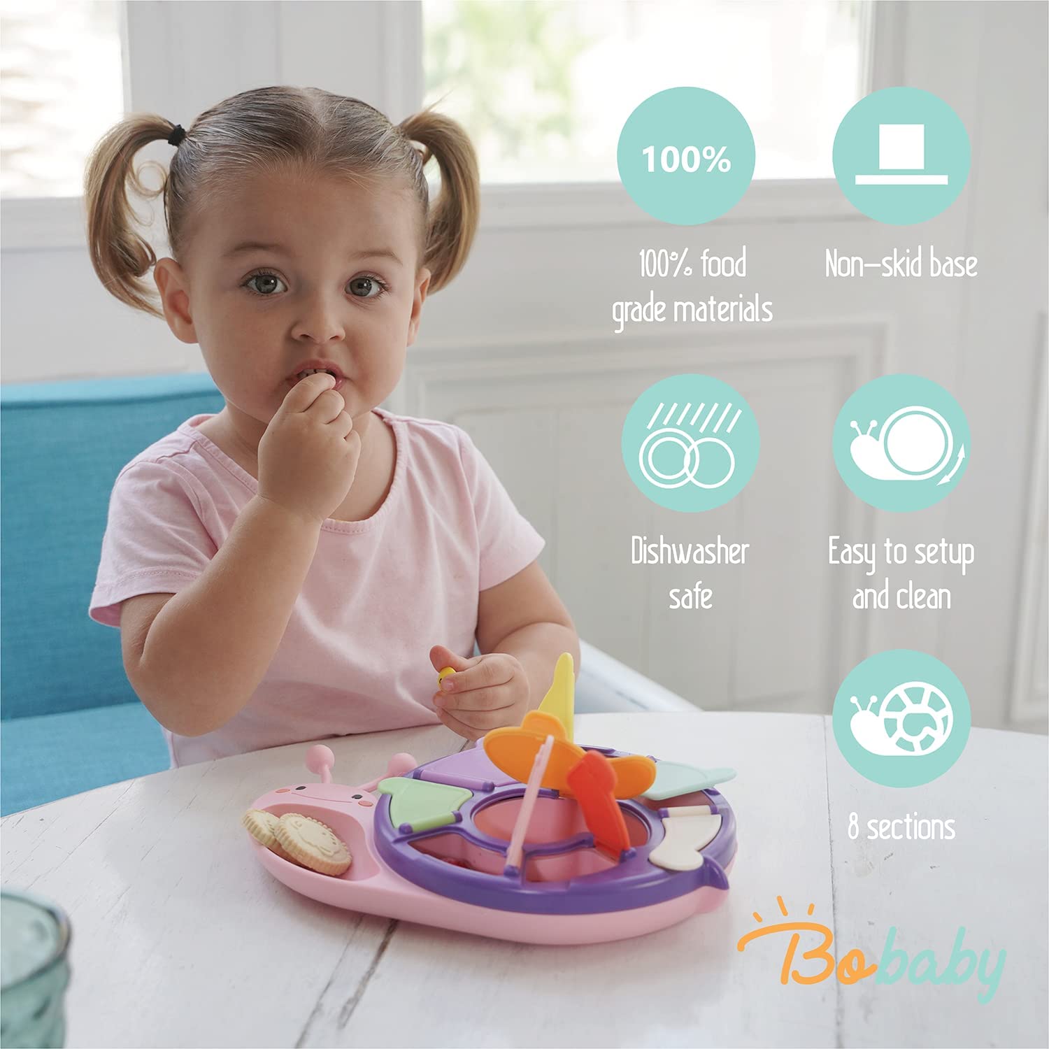 BoBaby Snail Snacker - Toddler Snack Container with 8 Sections and Lid | Food Grade Materials | Dishwasher Safe | Non-Skid Base | for Kids, Babies, Home & Travel | Educational (Pink) - Image 5
